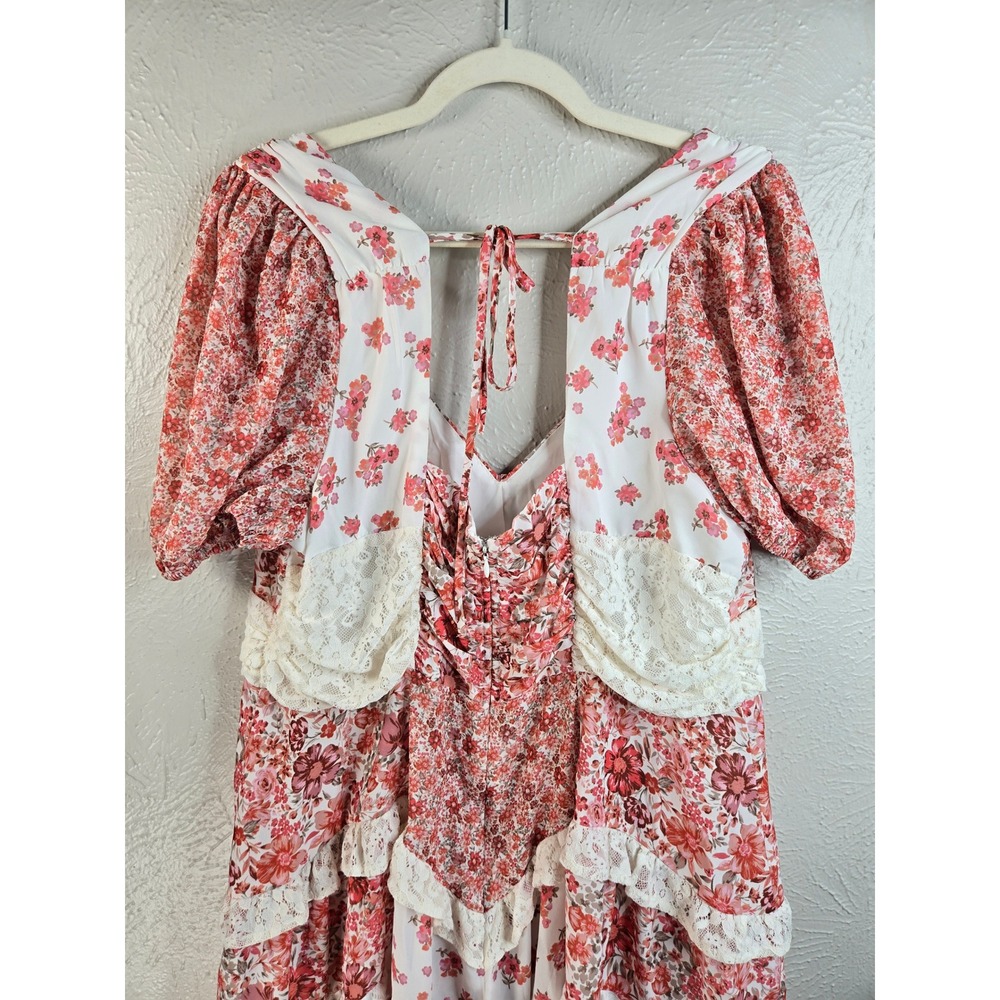 Arula Floral Lace Tiered Dress Size 1X Puff Sleeve Patchwork Cottagecore Boho - Picture 7 of 10